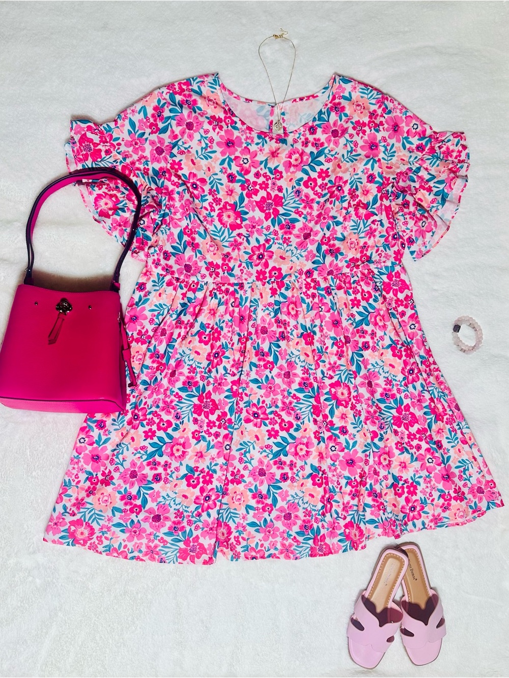 Floral Pink Ruffle-Sleeve Dress